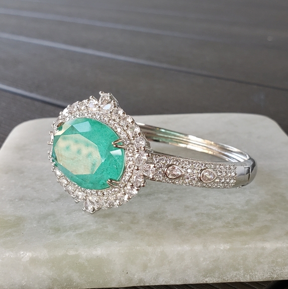 Real natural green blue tourmaline gemstone platinum plated bangle bracelet - Picture 2 of 6